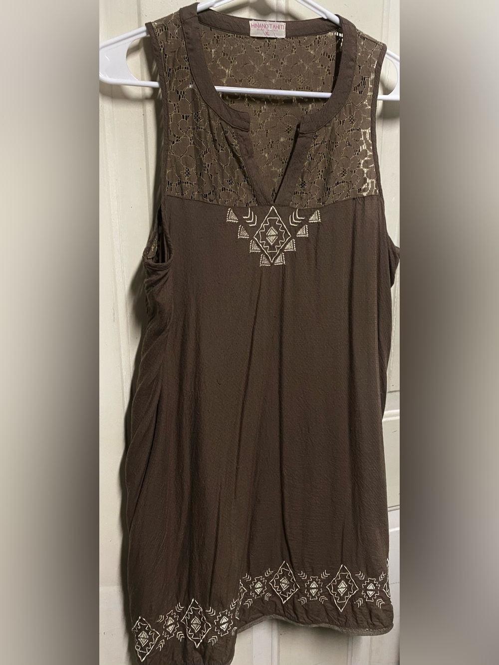 Hinano Tahiti Hawaii Brown Lace Trim Sleeveless Tunic Top XL Boho